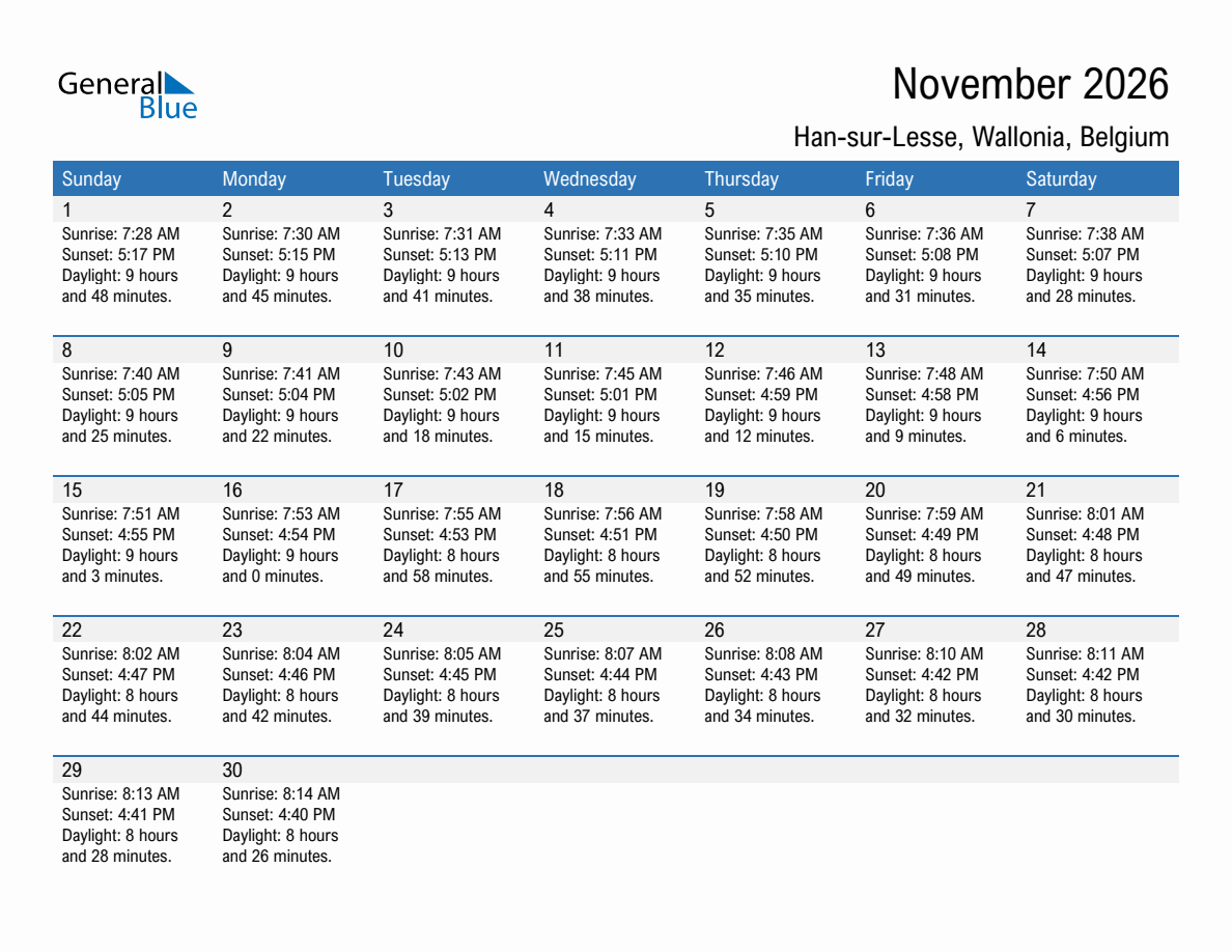 November 2026 sunrise and sunset calendar for Han-sur-Lesse