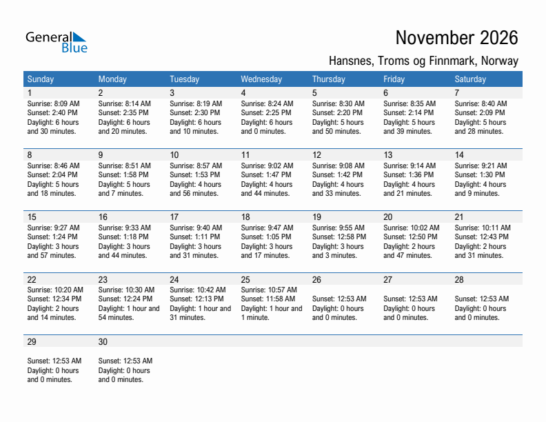 Hansnes November 2026 sunrise and sunset calendar in PDF, Excel, and Word