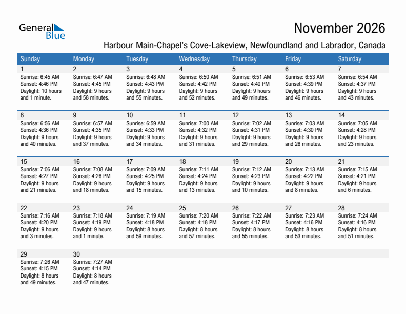 Harbour Main-Chapel's Cove-Lakeview November 2026 sunrise and sunset calendar in PDF, Excel, and Word