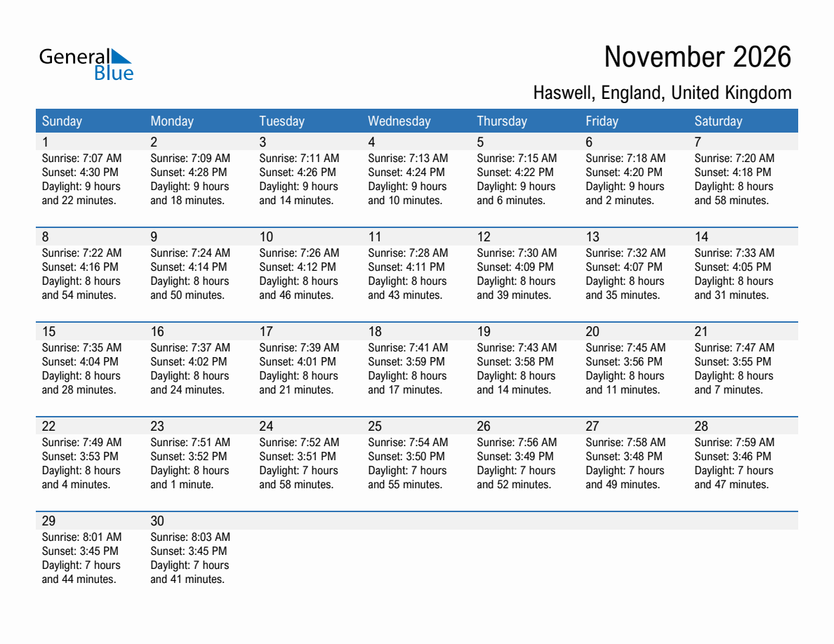 November 2026 sunrise and sunset calendar for Haswell