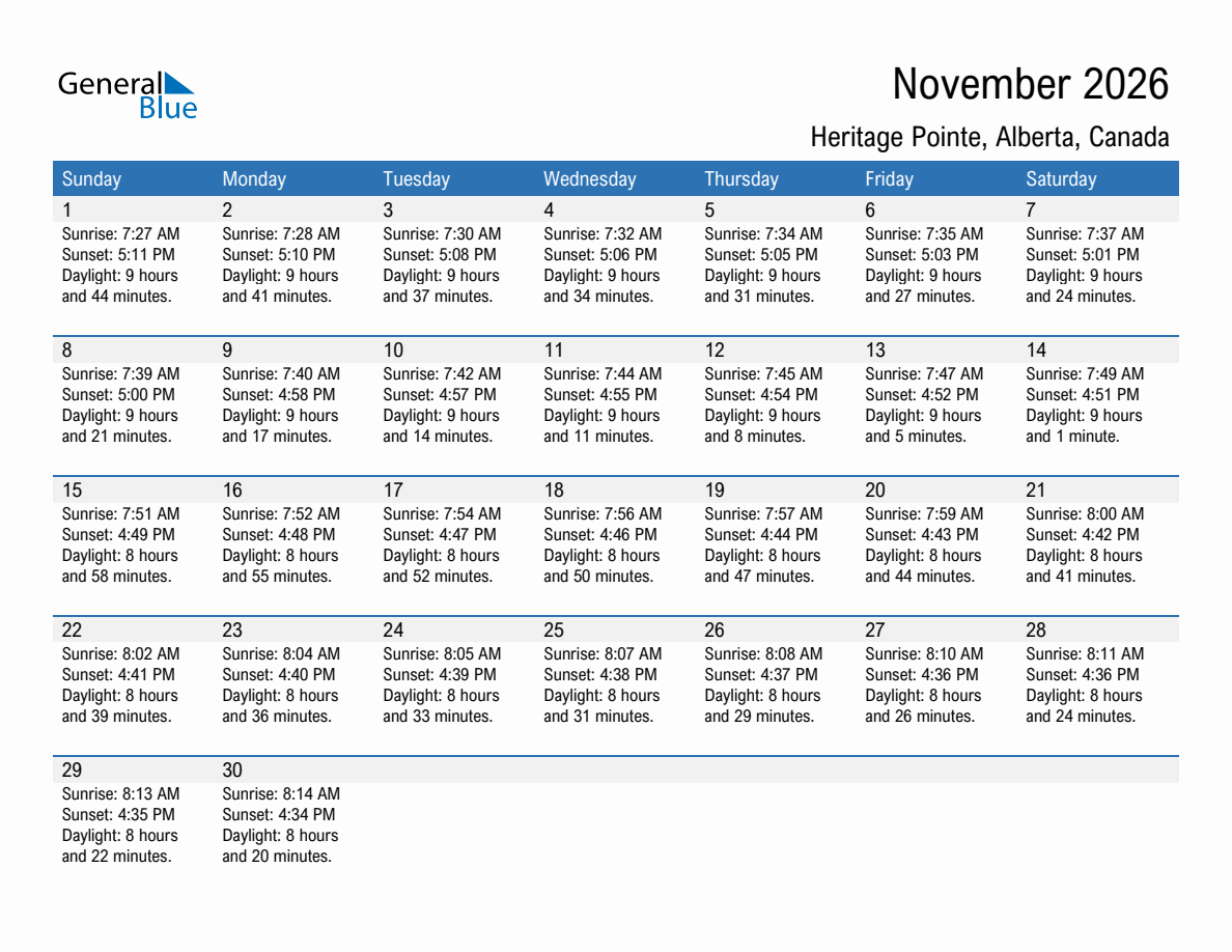 November 2026 sunrise and sunset calendar for Heritage Pointe