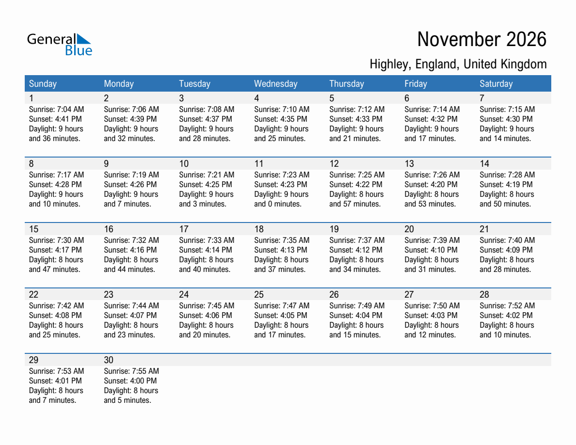 November 2026 sunrise and sunset calendar for Highley
