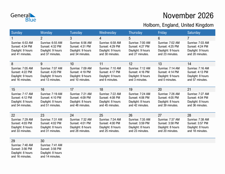Holborn November 2026 sunrise and sunset calendar in PDF, Excel, and Word