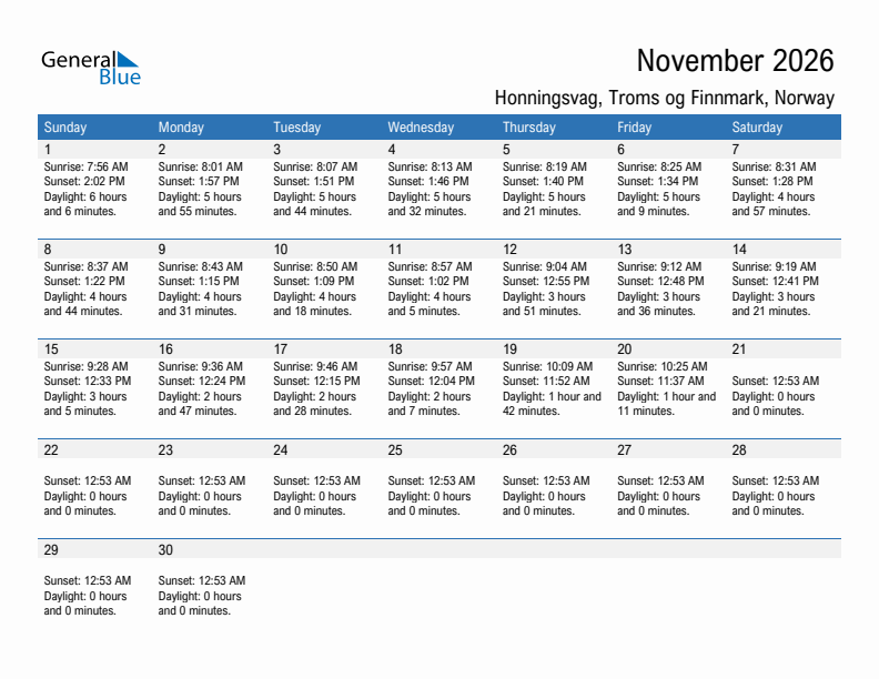 Honningsvag November 2026 sunrise and sunset calendar in PDF, Excel, and Word