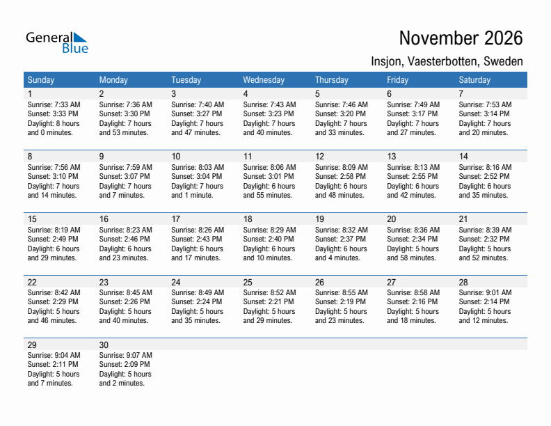 Insjon November 2026 sunrise and sunset calendar in PDF, Excel, and Word