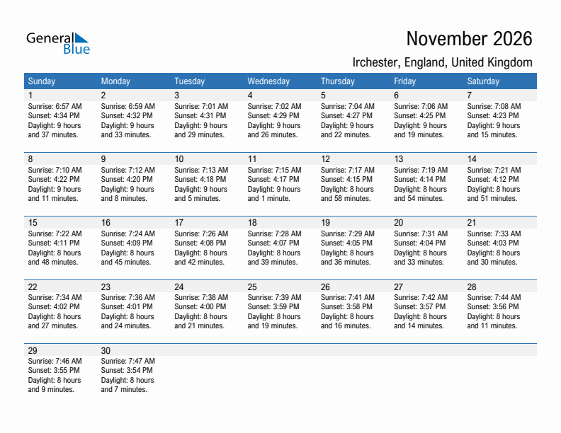 Irchester November 2026 sunrise and sunset calendar in PDF, Excel, and Word