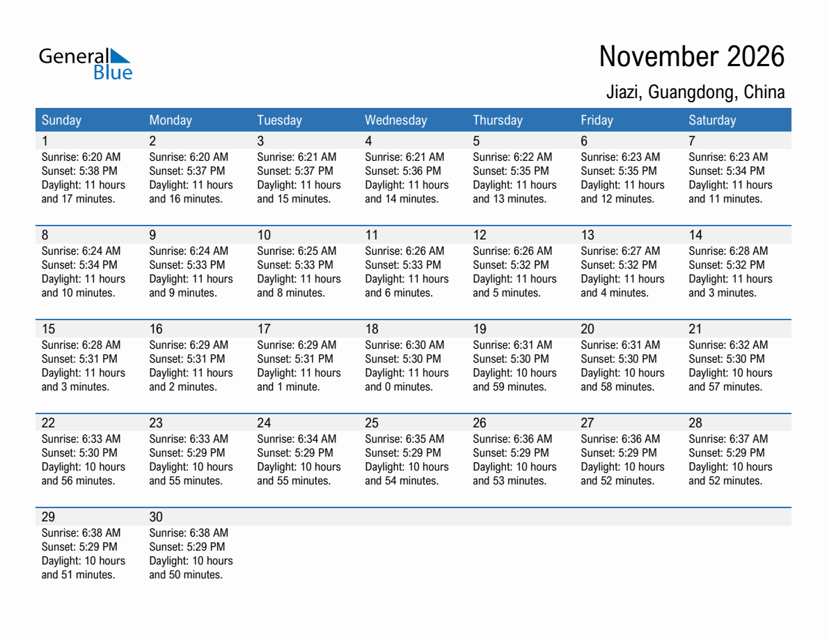 November 2026 sunrise and sunset calendar for Jiazi