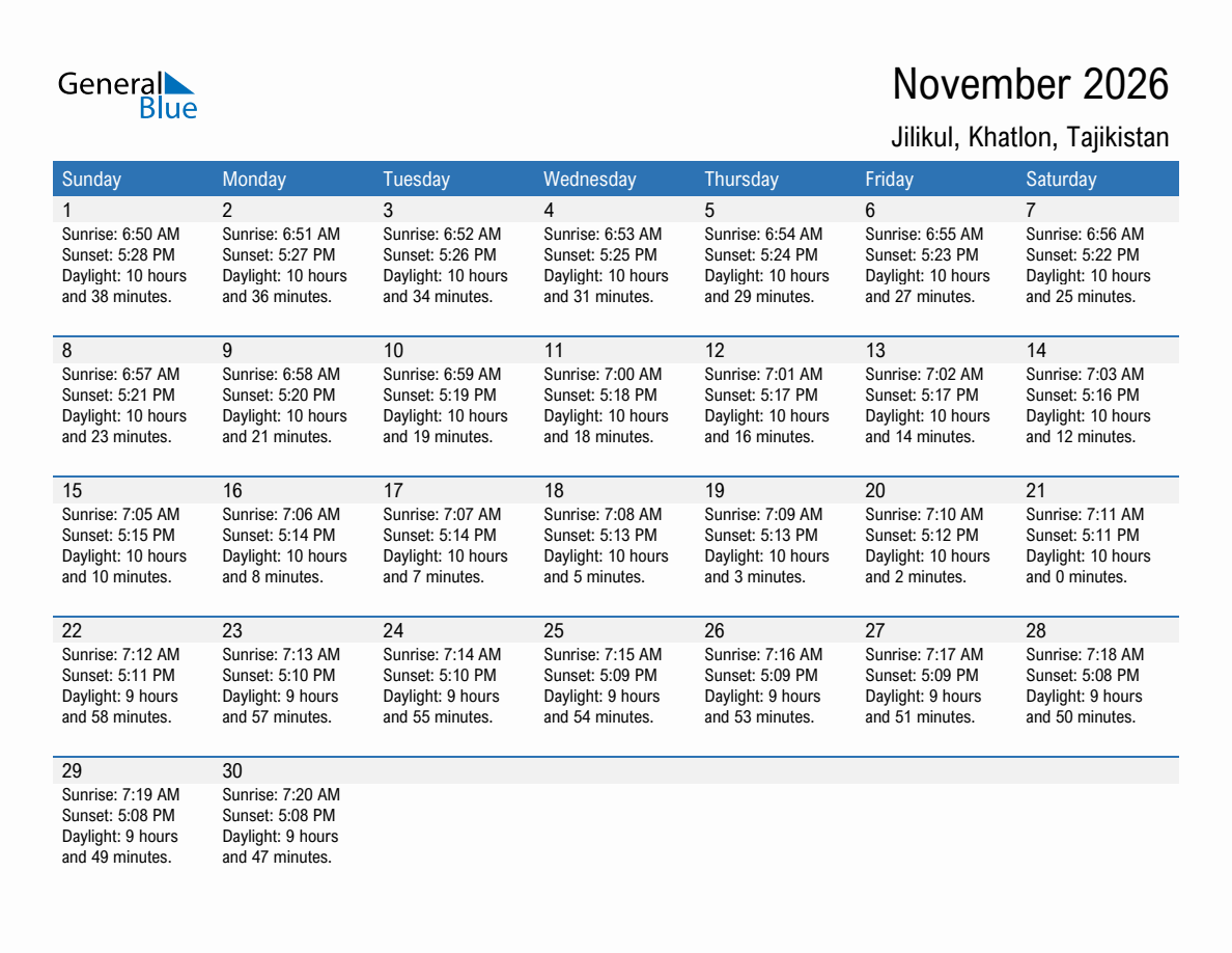 November 2026 sunrise and sunset calendar for Jilikul