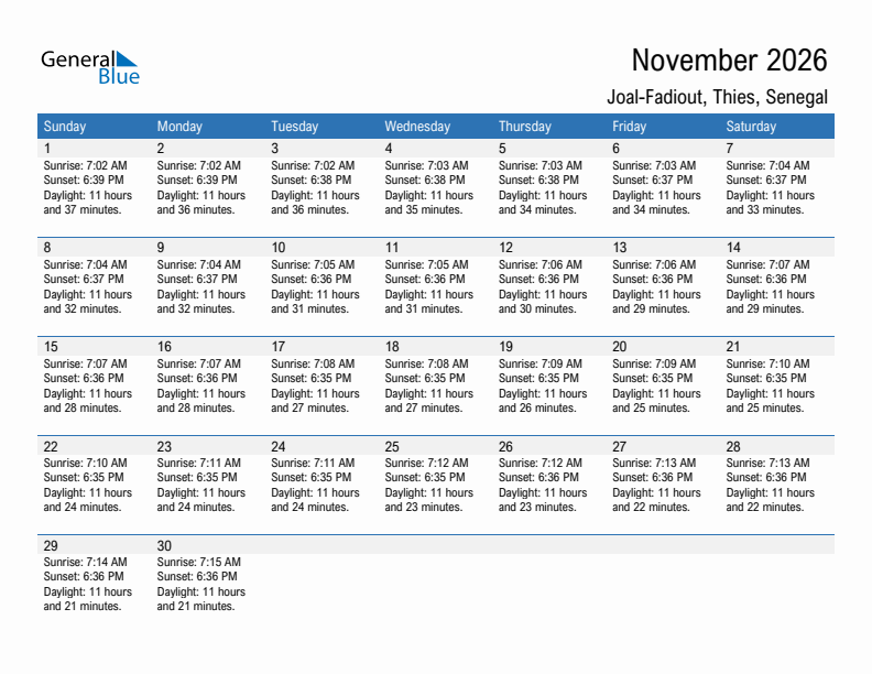 Joal-Fadiout November 2026 sunrise and sunset calendar in PDF, Excel, and Word