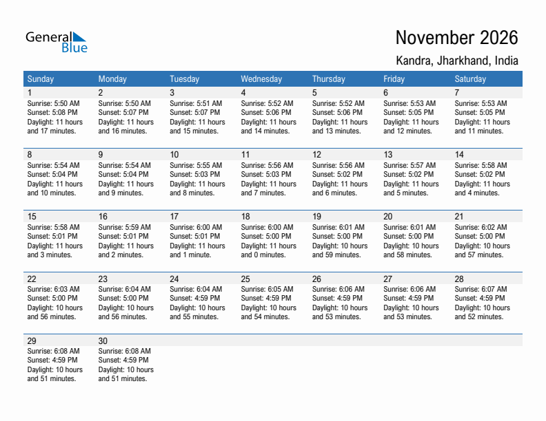 Kandra November 2026 sunrise and sunset calendar in PDF, Excel, and Word