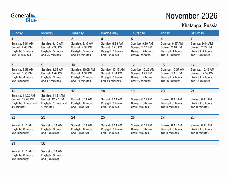 Khatanga November 2026 sunrise and sunset calendar in PDF, Excel, and Word