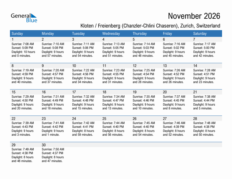 Kloten / Freienberg (Chanzler-Chlini Chaseren) November 2026 sunrise and sunset calendar in PDF, Excel, and Word