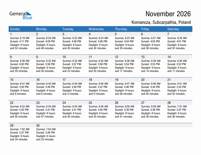 Komancza November 2026 sunrise and sunset calendar in PDF, Excel, and Word