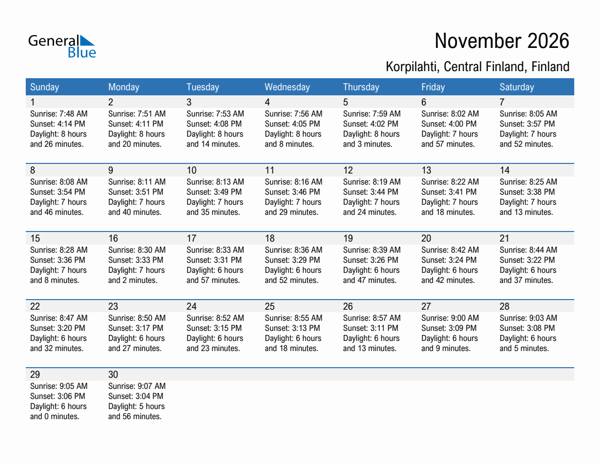 November 2026 sunrise and sunset calendar for Korpilahti