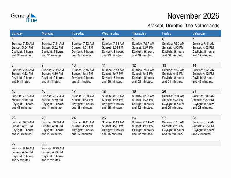 Krakeel November 2026 sunrise and sunset calendar in PDF, Excel, and Word