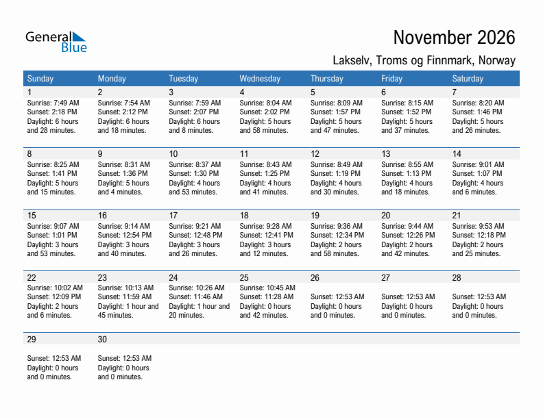 Lakselv November 2026 sunrise and sunset calendar in PDF, Excel, and Word