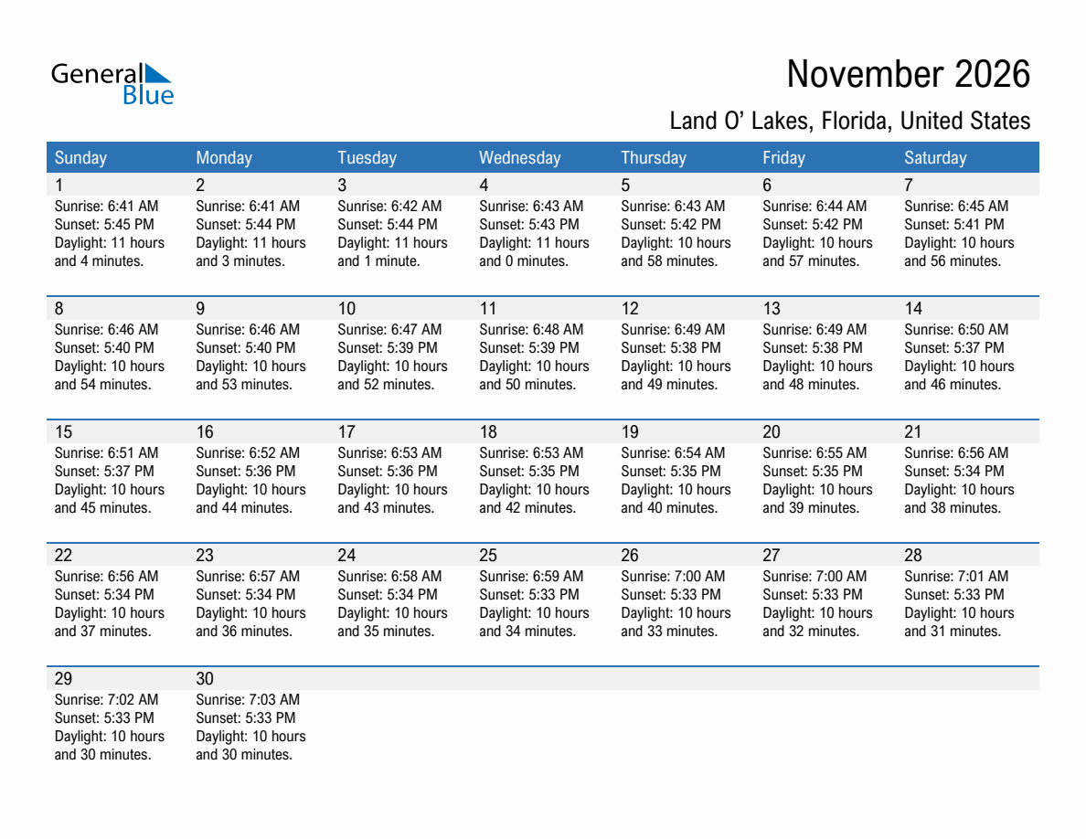November 2026 sunrise and sunset calendar for Land O' Lakes