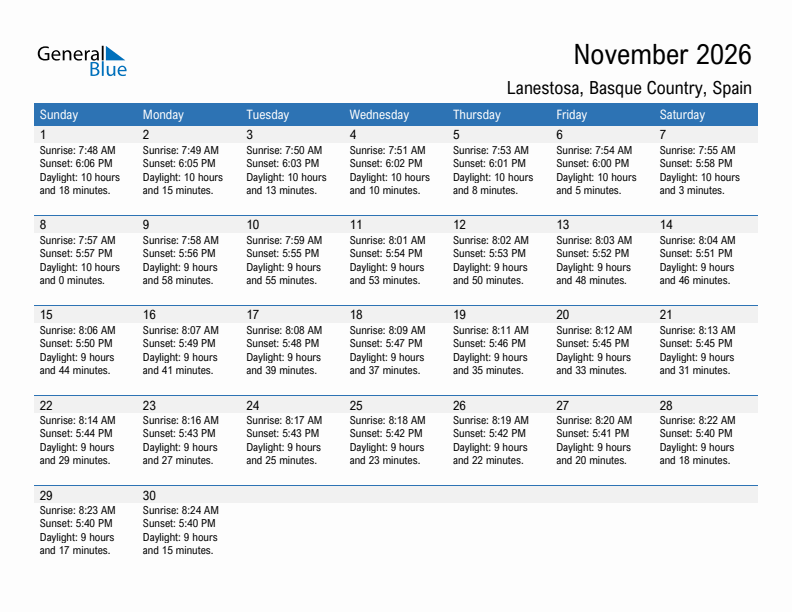 Lanestosa November 2026 sunrise and sunset calendar in PDF, Excel, and Word