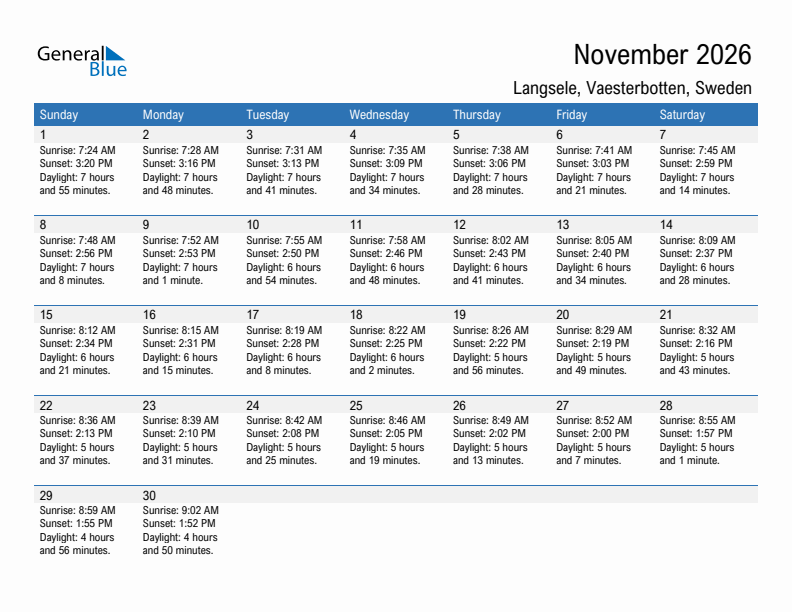 Langsele November 2026 sunrise and sunset calendar in PDF, Excel, and Word