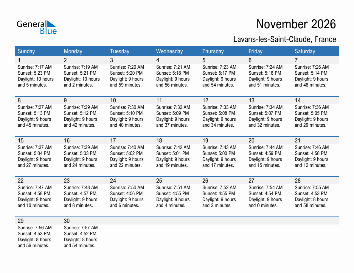 November 2026 sunrise and sunset calendar for Lavans-les-Saint-Claude