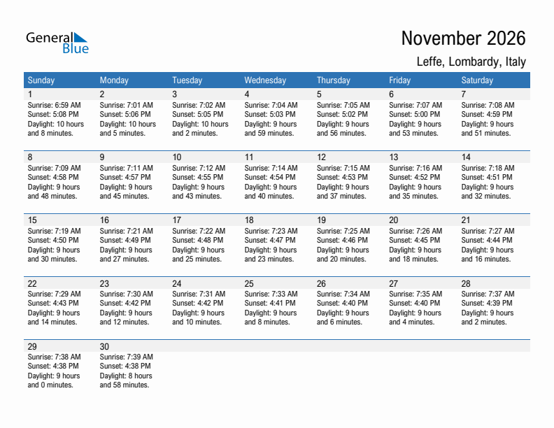 Leffe November 2026 sunrise and sunset calendar in PDF, Excel, and Word