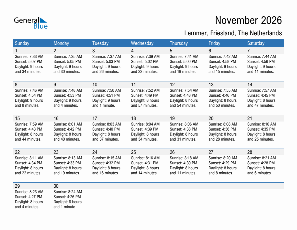 November 2026 sunrise and sunset calendar for Lemmer