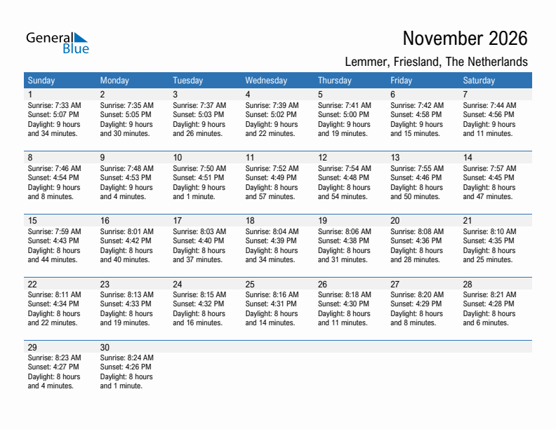 Lemmer November 2026 sunrise and sunset calendar in PDF, Excel, and Word