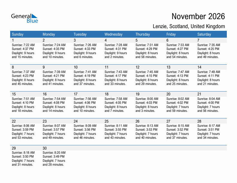 Lenzie November 2026 sunrise and sunset calendar in PDF, Excel, and Word