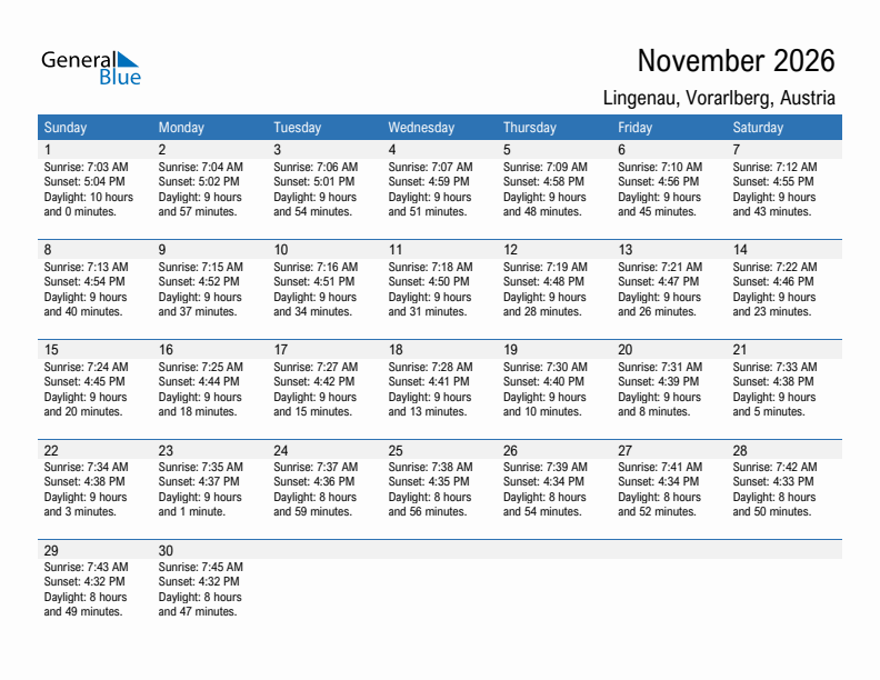 Lingenau November 2026 sunrise and sunset calendar in PDF, Excel, and Word