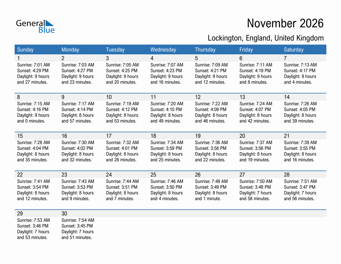 November 2026 sunrise and sunset calendar for Lockington