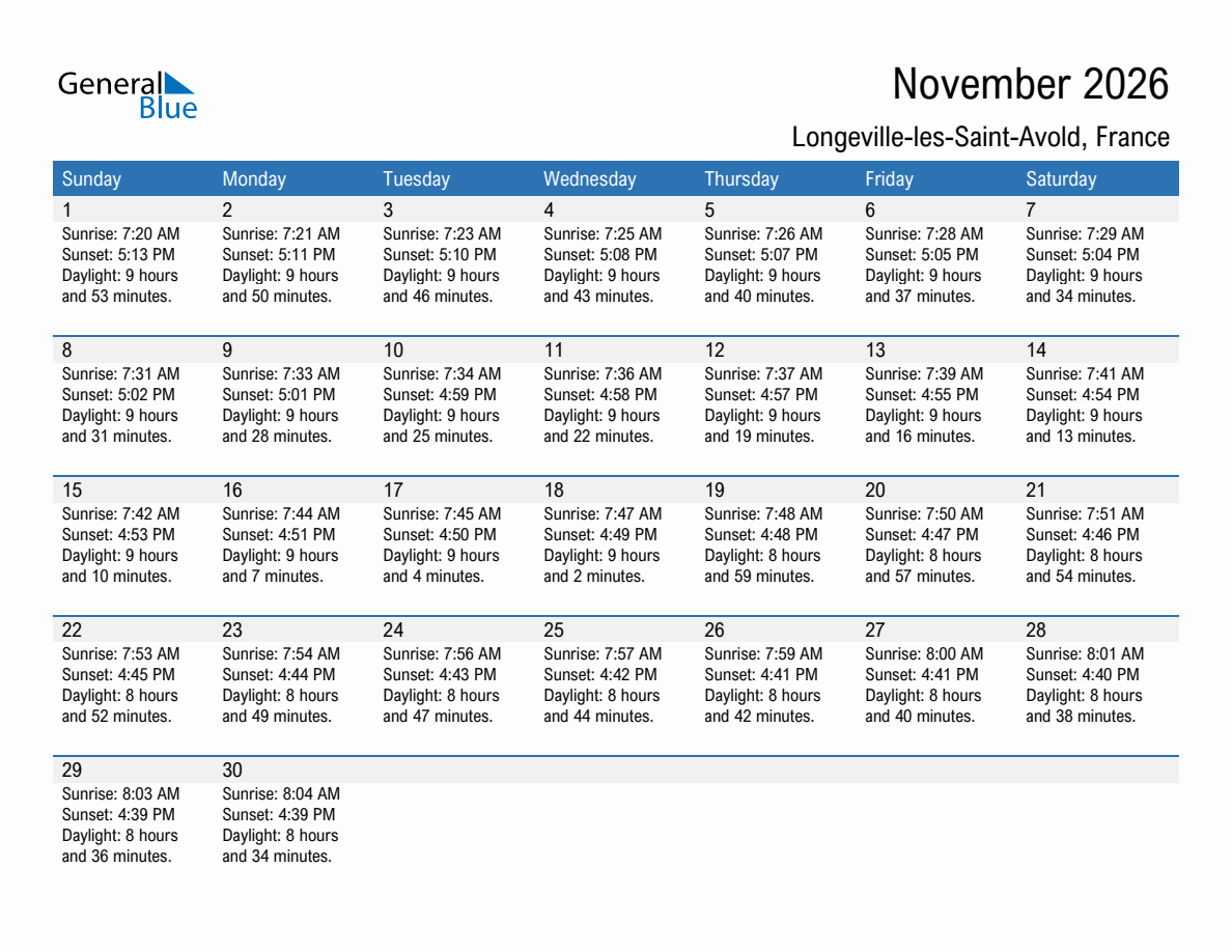 November 2026 sunrise and sunset calendar for Longeville-les-Saint-Avold