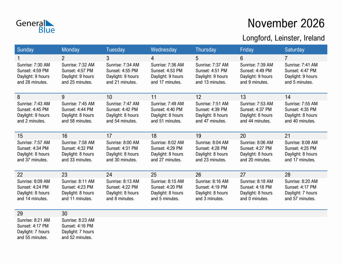 November 2026 sunrise and sunset calendar for Longford
