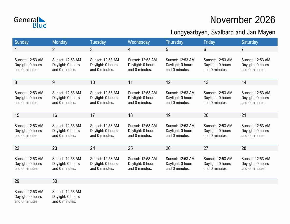 November 2026 sunrise and sunset calendar for Longyearbyen