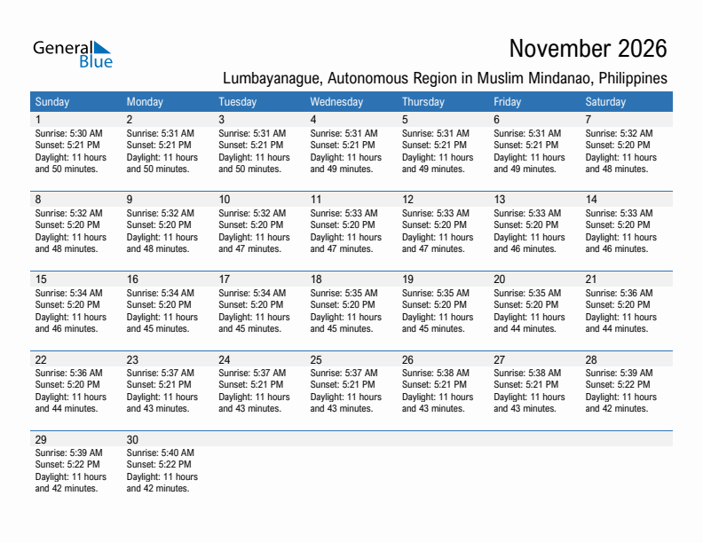 Lumbayanague November 2026 sunrise and sunset calendar in PDF, Excel, and Word
