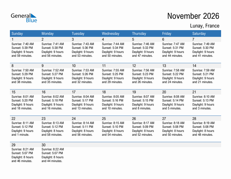 Lunay November 2026 sunrise and sunset calendar in PDF, Excel, and Word