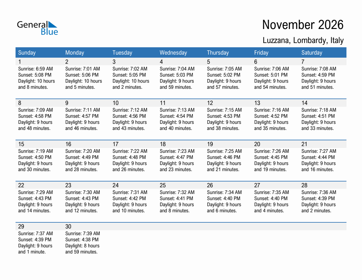 November 2026 sunrise and sunset calendar for Luzzana