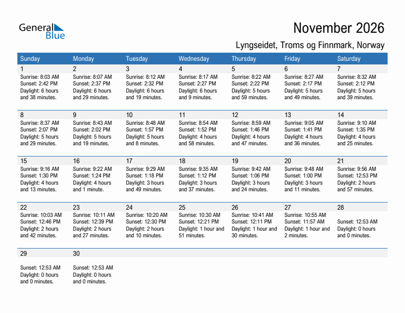 Lyngseidet November 2026 sunrise and sunset calendar in PDF, Excel, and Word