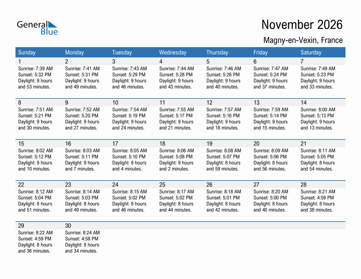 November 2026 sunrise and sunset calendar for Magny-en-Vexin