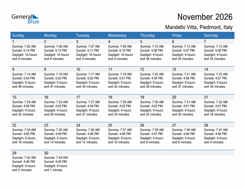 Mandello Vitta November 2026 sunrise and sunset calendar in PDF, Excel, and Word