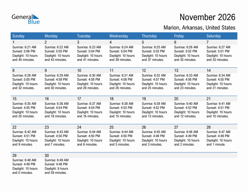 Marion November 2026 sunrise and sunset calendar in PDF, Excel, and Word