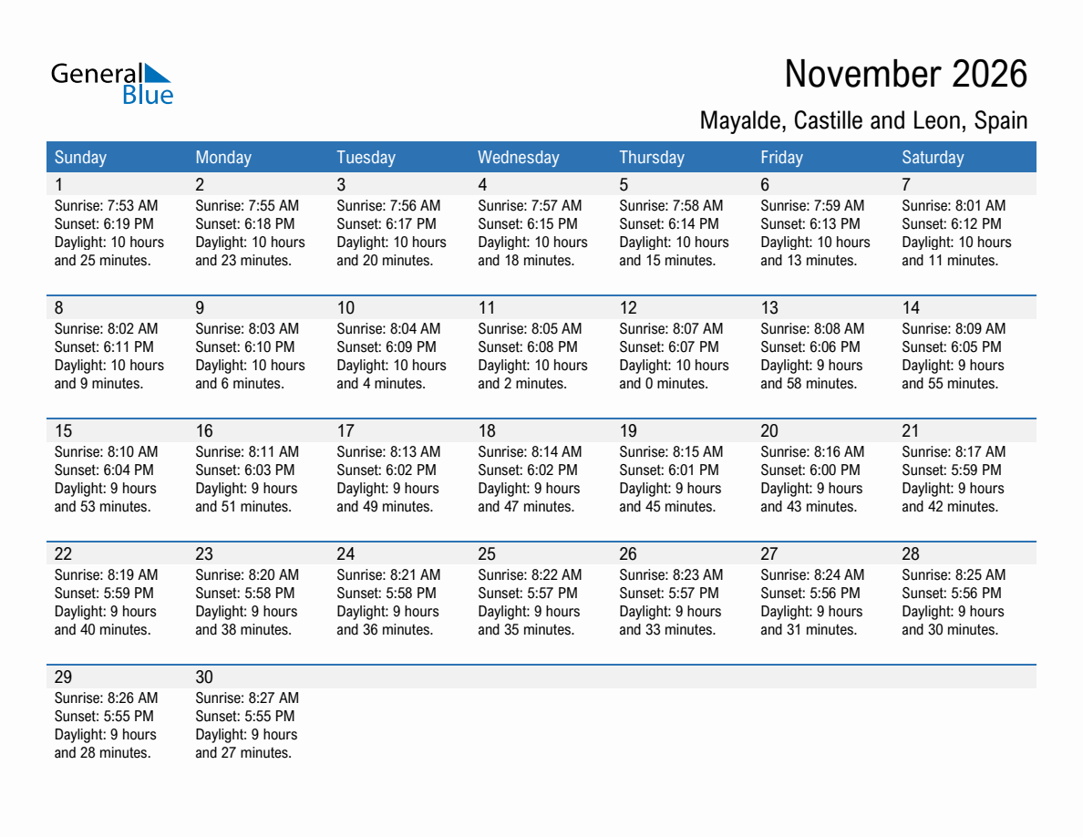 November 2026 sunrise and sunset calendar for Mayalde