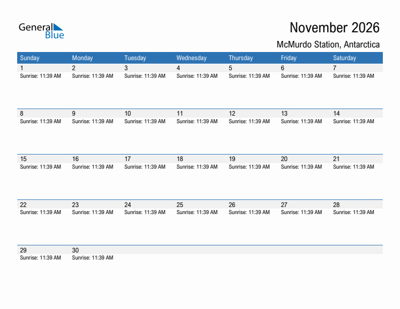 McMurdo Station November 2026 sunrise and sunset calendar in PDF, Excel, and Word