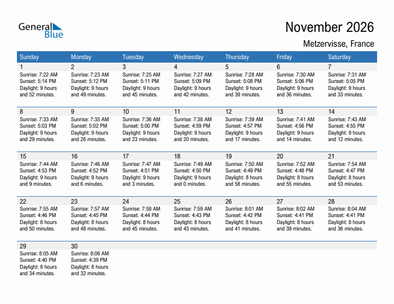 Metzervisse November 2026 sunrise and sunset calendar in PDF, Excel, and Word
