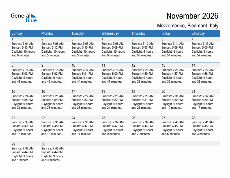 Mezzomerico November 2026 sunrise and sunset calendar in PDF, Excel, and Word