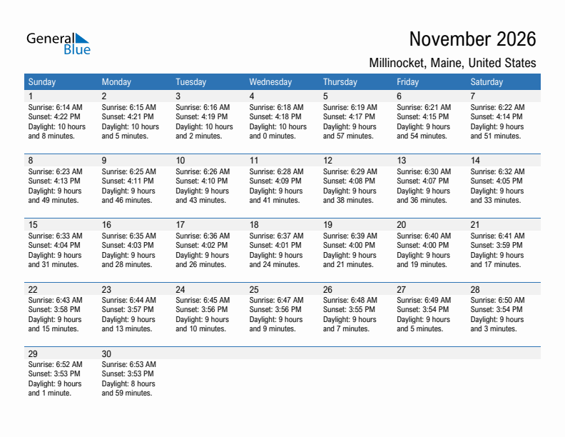 Millinocket November 2026 sunrise and sunset calendar in PDF, Excel, and Word