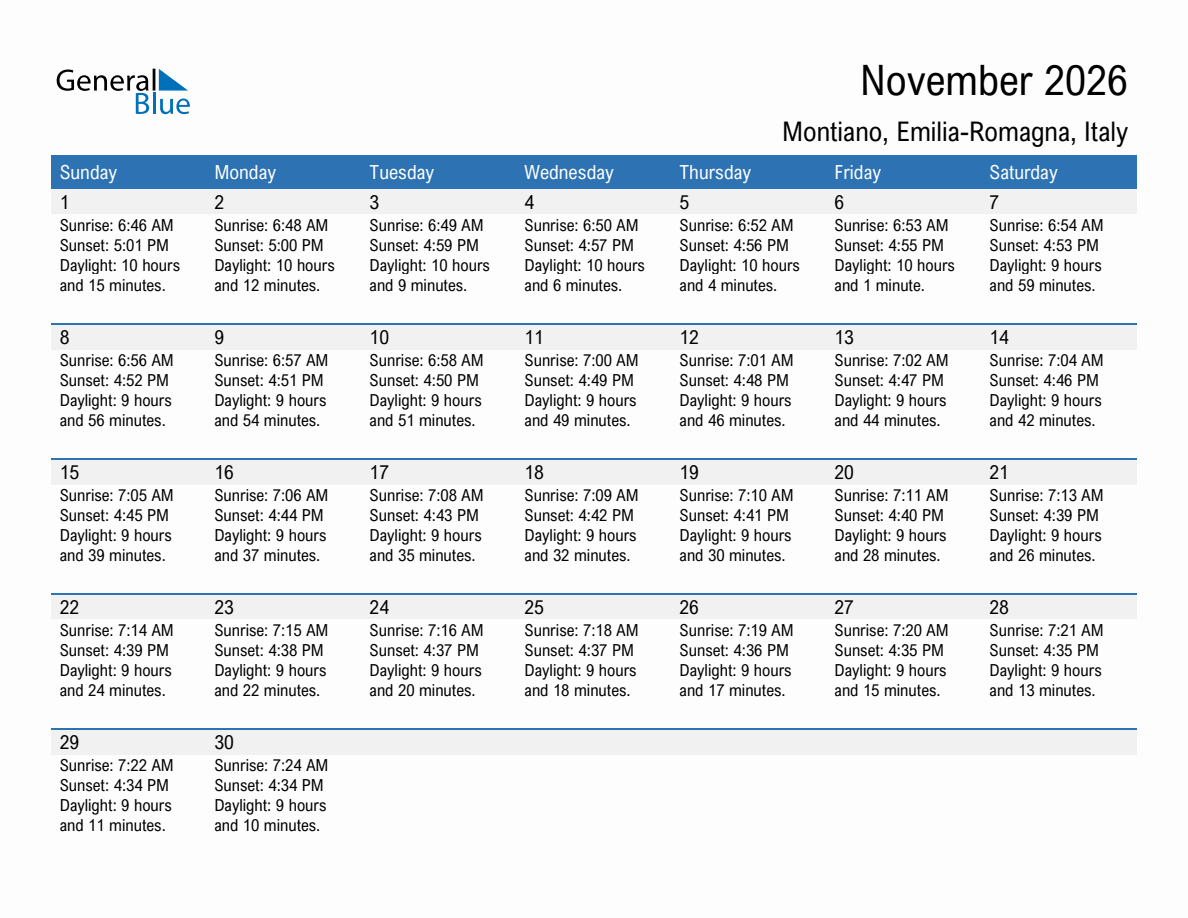 November 2026 sunrise and sunset calendar for Montiano
