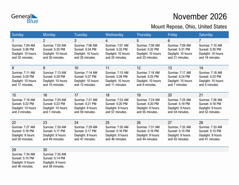 Mount Repose November 2026 sunrise and sunset calendar in PDF, Excel, and Word