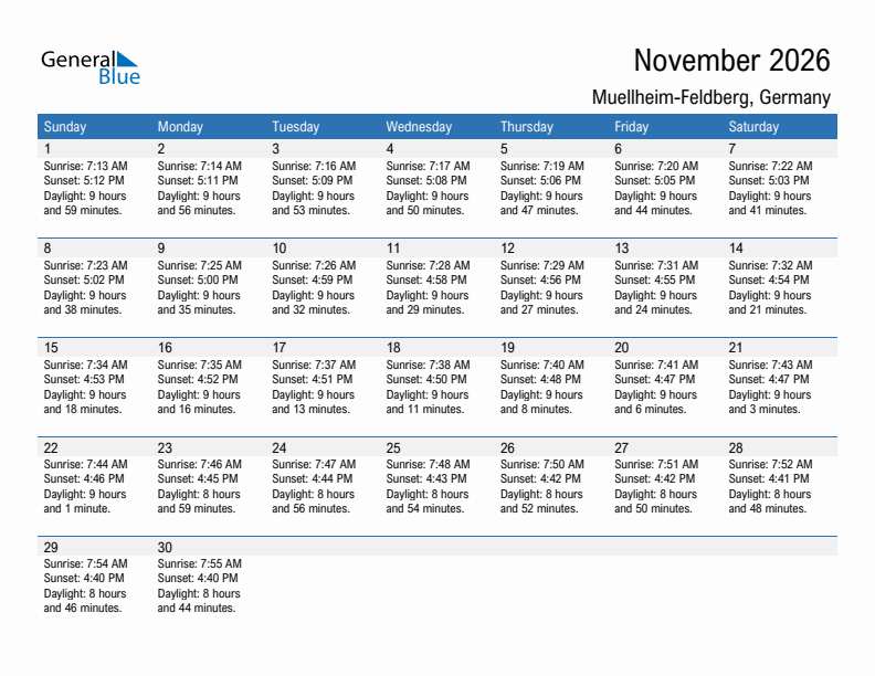 Muellheim-Feldberg November 2026 sunrise and sunset calendar in PDF, Excel, and Word