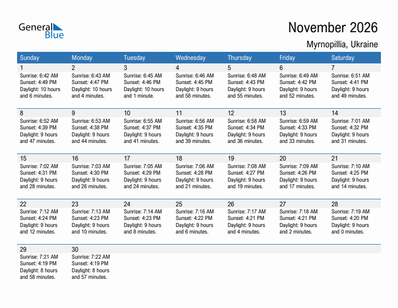 Myrnopillia November 2026 sunrise and sunset calendar in PDF, Excel, and Word