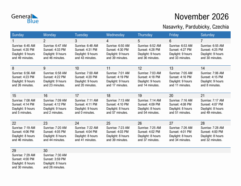 Nasavrky November 2026 sunrise and sunset calendar in PDF, Excel, and Word